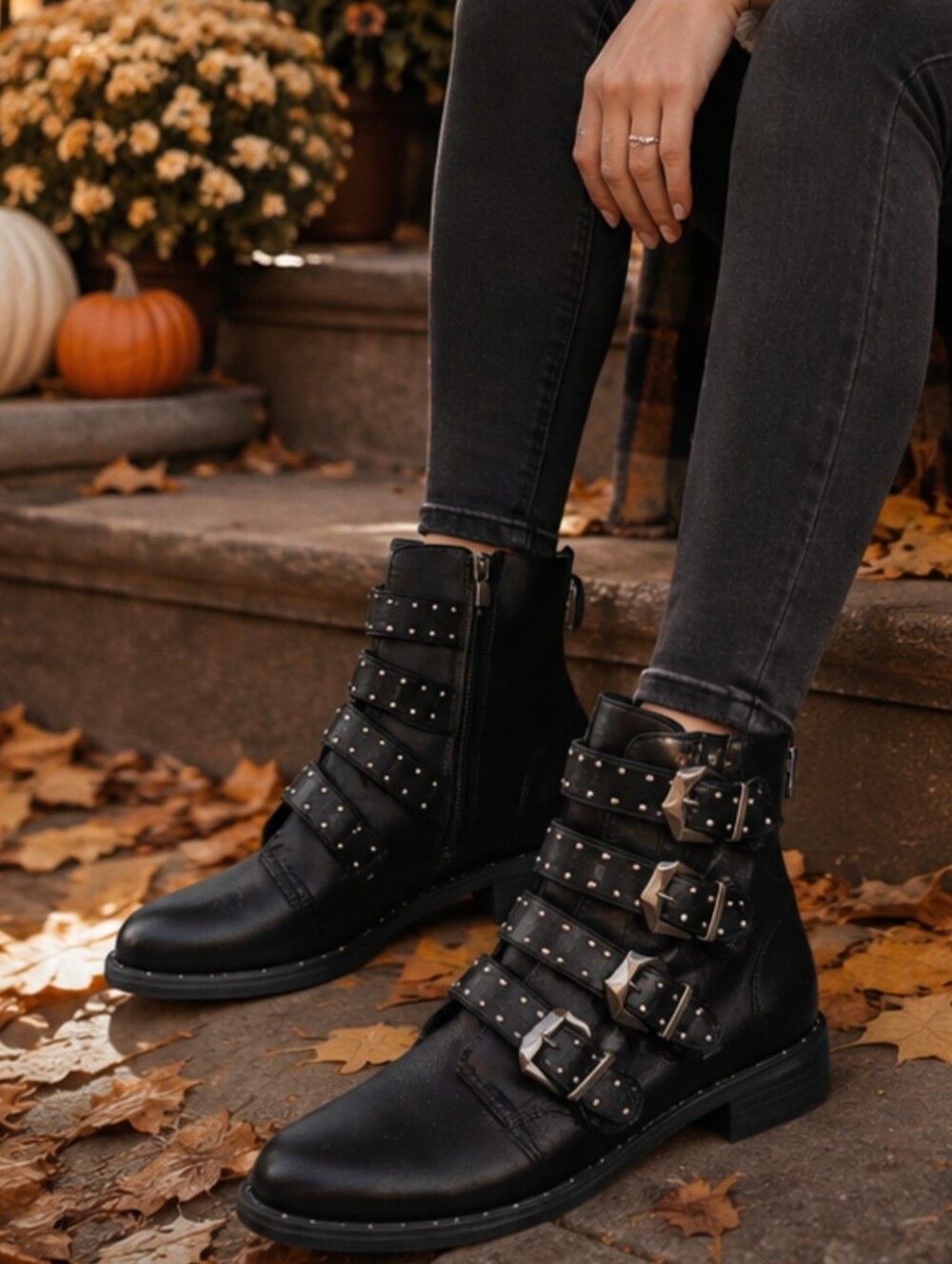 Bamboo Black Studded Multi Buckle Ankle Boots Size 8 Moto Biker